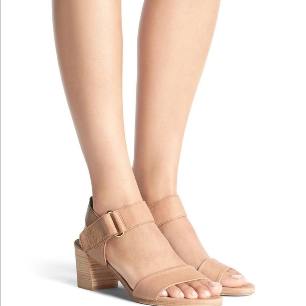 Stuart Weitzman broadband velcro tan heel sandals